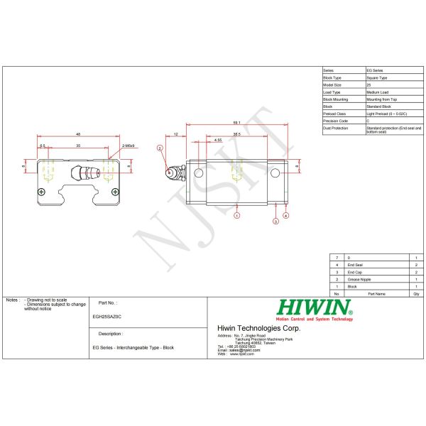 HIWIN Precise EGH25SA Linear Guide Block 25mm Size High Rigidity