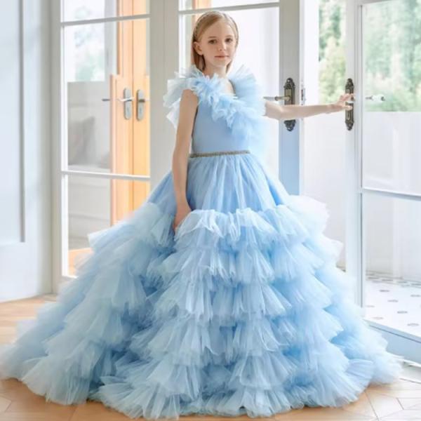 Summer Girl Clothing Blue Flower Tutu Long Wedding Dress Flower Girl Puffy Birthday Dresses Child