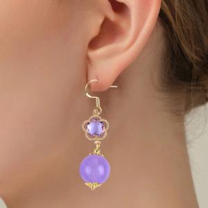Handmade Crystal Stone Earrings Purple Chalcedony Gemstone Beaded Pendant