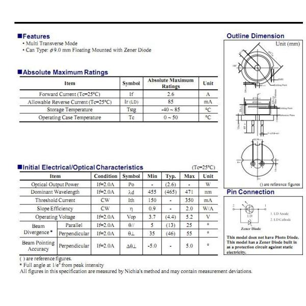 NEW 470nm 2.6W blue laser diode Nichia TO-5/ 9.0mm package high power LD