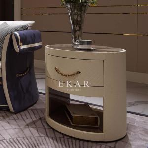 Living Room Coffee Round Leather Wooden Top High Gloss Side Table With Drawer