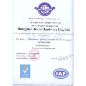 Dongguan JIACAI Precision Hardware CO., LTD. Certifications