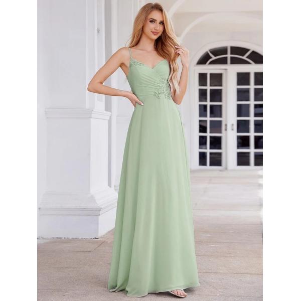 Chic V-neck Pleated Sleeveless Backless A-line Empire Spaghetti Strap Applique Waist Mint Green Chiffon Bridesmaid Dress