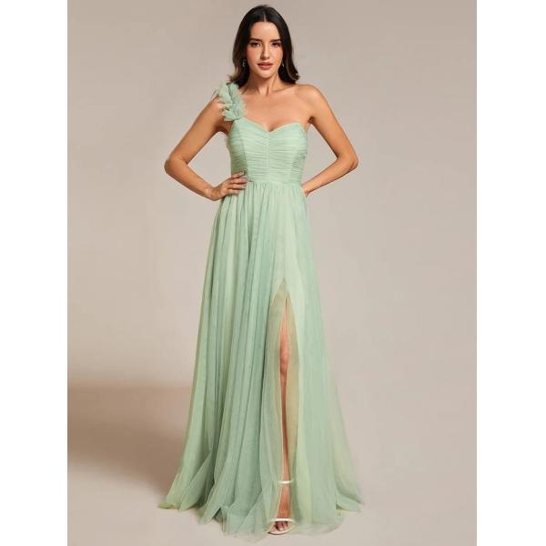 Exquisite One-shoulder Sweetheart Ruffled A-line Zipper Pleated High Slit Mint Green Tulle Prom Dress