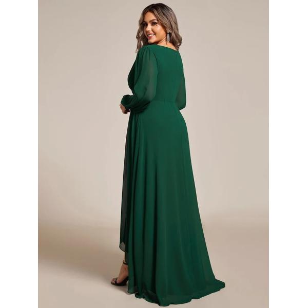 V-neck Plus Size Enchanting Lotus Leaf Lantern Sleeve Pleated Empire High Waist A-line Dark Green Chiffon Prom Dress