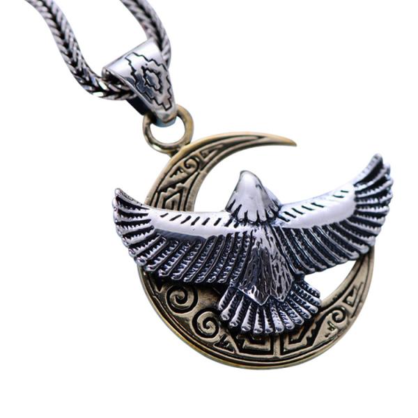 Two Tone Silver Retro Necklace with Crescent Eagle Pendant(XH047444)