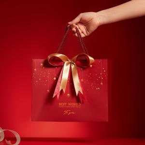 Customized Printed Red Christmas Paper Bags with Ribbon Bow