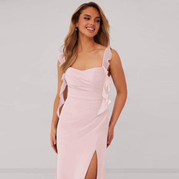 Perfect Chiffon Long Mermaid Bridesmaid Dress Sweetheart Floor-Length Ruffles Front Split Slit Spaghetti Straps Backless
