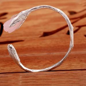 Handcraft Sterling Silver Cuff Bracelet with Sculpted Rose Quartz Gardenias