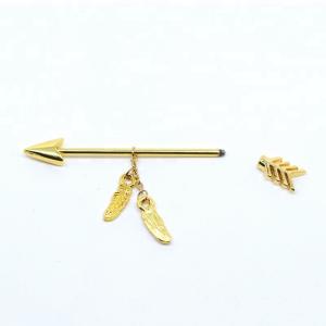 Gold plated arrow industrial piercing bars with feather dangle