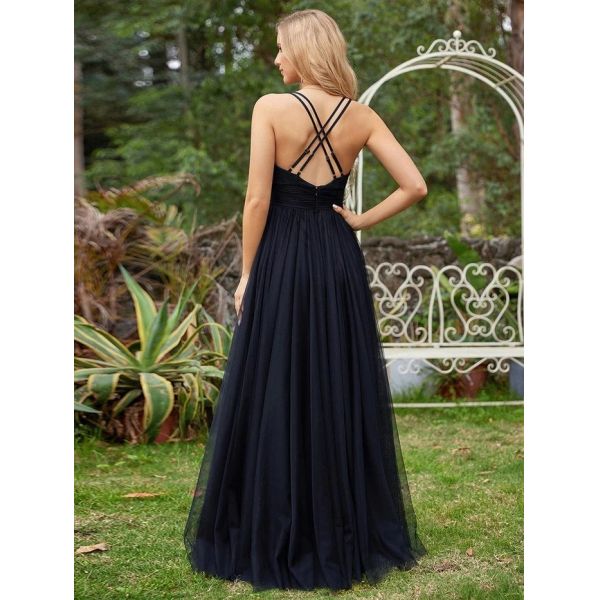 Charming Empire Beaded Sleeveless V-neck Ruffled Spaghetti Strap A-line Pink Tulle Evening Dress