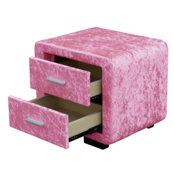 Pink Crush Fabric Bedside Table Velvet Covered Nightstand With Two Drawers