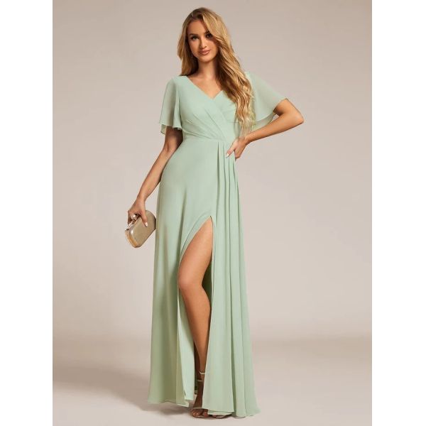 A-line Ruffle Sleeves And High Slit V-neck Mint Green Chiffon Bridesmaid Dress