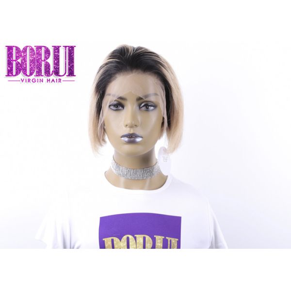 Buy Short Colored Bob Wigs Pixie Cut Straight Lace Frontal Wig Pre Plucked #1B 27 at wholesale prices