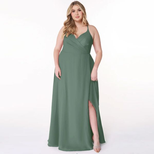 Sexy V-Neck Plus Size Chiffon Evening Dress Long Spaghetti Straps V-neck Princess A-Line Keyhole Pleated Sleeveless