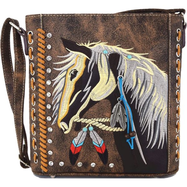 WESTERN STYLE HORSE PURSE EMBROIDERED FLORAL RHINESTONE STUDS CROSSBODY HANDBAGS COWGIRL COUNTRY WOMEN SINGLE SHOULDER B