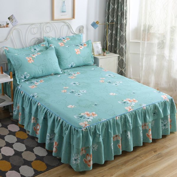 Modern Floral Plant Printed Bed Cover Fitted Lace Bed Skirt Sheets 3pcs Bedding Sets