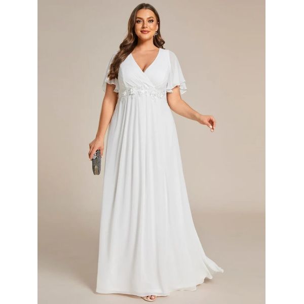 Empire Plus Size Applique Short Sleeve A-line V-neck Flutter Sleeves Invisible Zipper Dusty Navy Chiffon Bridesmaid Dres