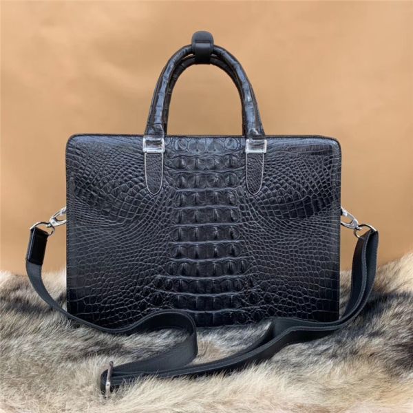 Crocodile Skin Businessmen Working Laptop Briefcase Authentic Real Alligator Leather Male Large Black Top-handle Handbag