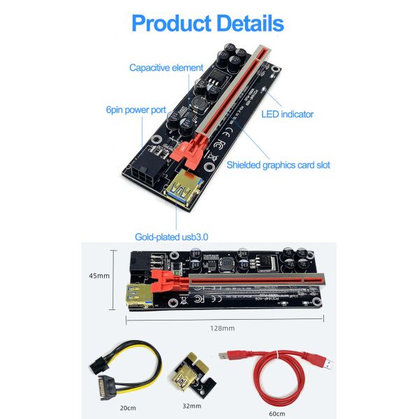 Gold Plated Ver009S PCIE Riser Card 009s PCI Express 1X to 16X Extender 6Pin Power 60CM USB 3.0 Cable For Graphics Card