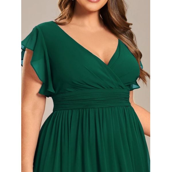 Empire Plus Size V-neck Open Back Ruffled A-line Cap Sleeves Dark Green Chiffon Bridesmaid Dress