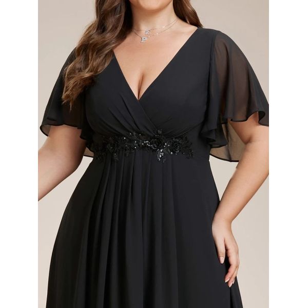 Empire Plus Size Applique Short Sleeve A-line V-neck Flutter Sleeves Invisible Zipper Black Chiffon Evening Dress