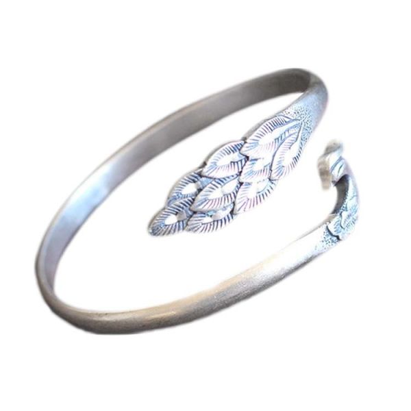 Sterling Silve Open Adjustable Cuff Bracelet Engraved Peafowl Fine Bangle