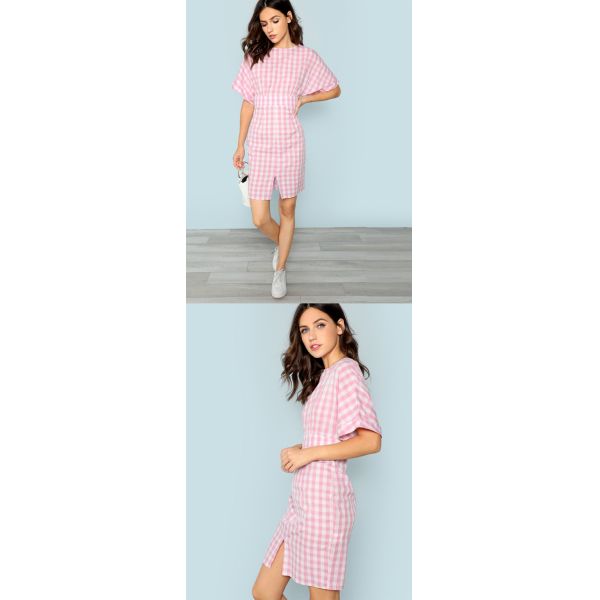 Fall Apparel For Women Rolled Up Sleeve Wide Waistband Plaid Dress