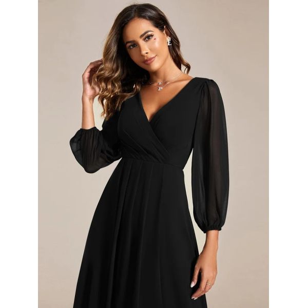 Elegant Empire Long Sleeve V-neck High Low A-line Ruffled Midi Black Chiffon Wedding Guest Cocktail Dress