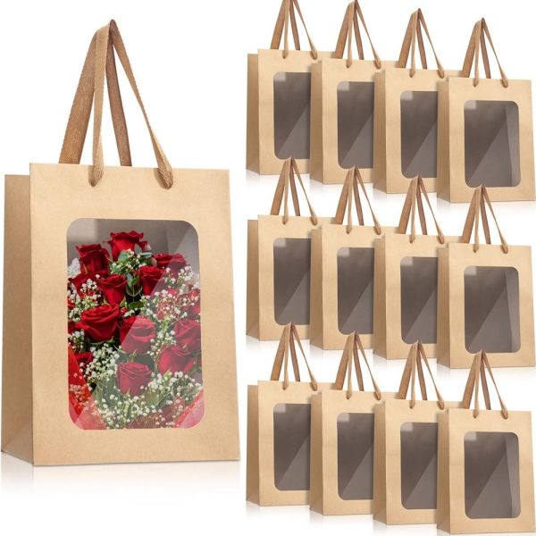 Custom Flower Gift Packaging Kraft Paper Bags With Transparent Window and Custom