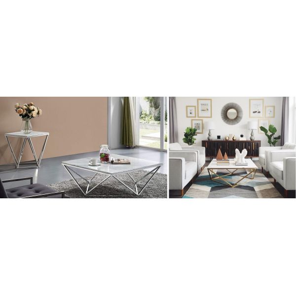 Unique Diamond shaped Stainless Steel Base Marble Top Console Coffee Tape