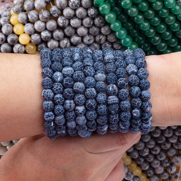 Dark Blue Weathered Agate Loose Bead Strands Semi Precious Stone Matt Frosted Cracked Agate for DIY Jewelry Making