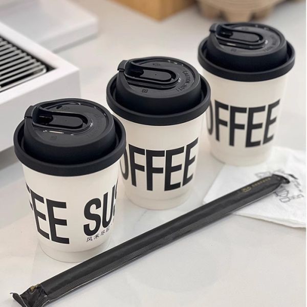 Buy Black Coffee Cup Disposable Cup Takeaway Double Wall Coffee Paper Cups with Lid at wholesale prices