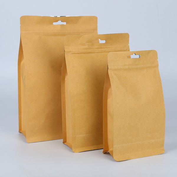 China Stock Quad Seal Brown Flat Bottom Stand Up Doypack Kraft Paper Food Zipper Pouch Bag