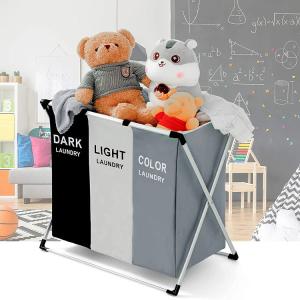 Waterproof Sturdy Collapsible Laundry Hamper With Triple Baskets Reusable
