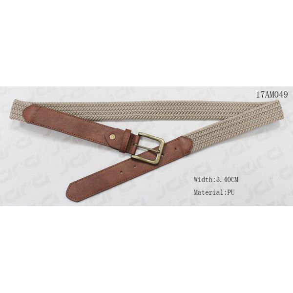 Buy Beige Polyester / Brown PU Mens Stretch Belts Old Brass Zinc Alloy Buckle Available at wholesale prices