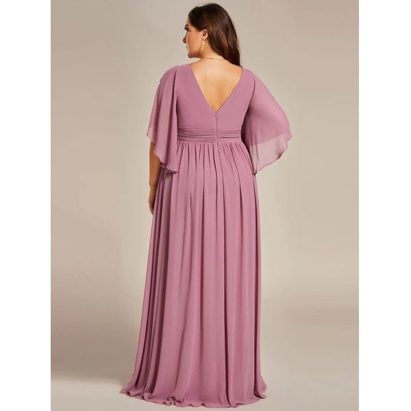 Plus Size A-line Half Sleeves V-neck Ruffled High Slit Purple Orchid Chiffon Evening Dress