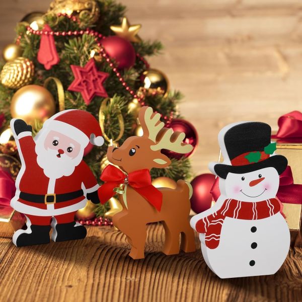 Buy Customized Wooden Christmas Ornaments Unique Design Santa Claus Snowman Elk Shape for Tabletop Party Decoration at wholesale prices