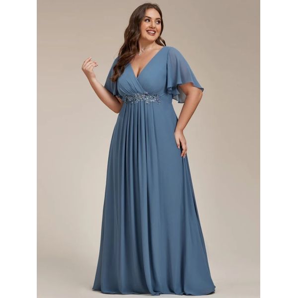 Empire Plus Size Applique Short Sleeve A-line V-neck Flutter Sleeves Invisible Zipper Dusty Navy Chiffon Bridesmaid Dres