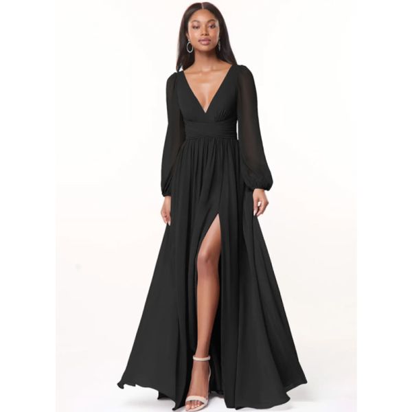 Charming OEM Chiffon Long Bridesmaid Dress A-Line V-Neck Long Sleeves Front Split Slit Backless Ruffles