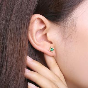 18K Yellow Gold Natural Emeral Inlay Diamonds Stud Earrings