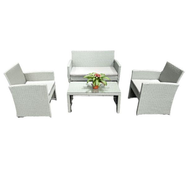 White Rattan Superior Garden Patio Set 4pc Wide Armrest Sofa Set Chair Table Set
