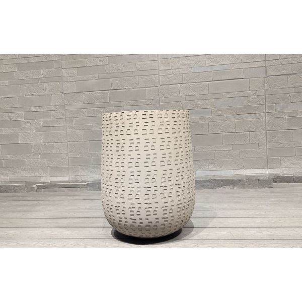 Light Grayish White Repetitive Geometric Pattern Round Fiber Clay Planter Architectural Landscaping Design