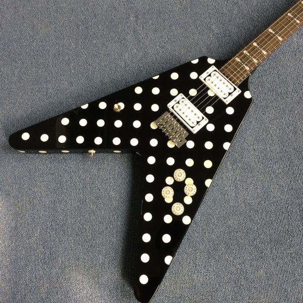 High-quality custom V style electric guitar, rosewood fingerboard ,Black and white color, Chrome hardware