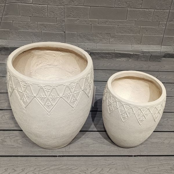 Intricate Floral Decor Neutral Beige Cylindrical Fiber Clay Lightweight Planter