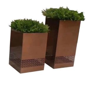 Large hollow-carved square rectangular steel flower planter pot