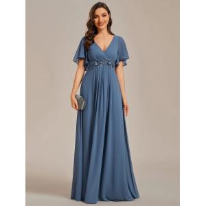 Sexy Empire Applique A-line Short Flutter Sleeves V-neck Invisible Zipper Dusty