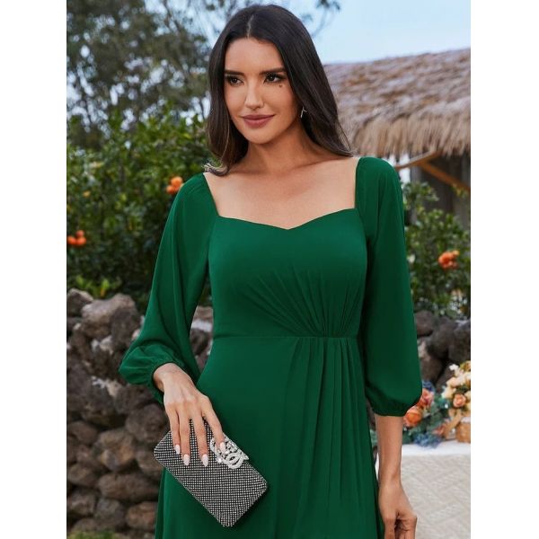Plus Size Ruffled Long Sleeve High Slit Off-shoulder High Slit Dark Green Chiffon Graduation Dress