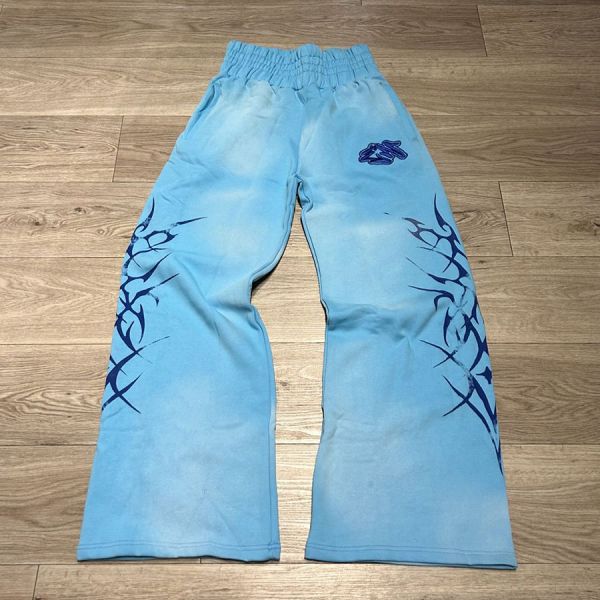 Custom Vintage Acid Wash Sun Faded Flared Sweat Wide Leg High Waist Track Pants Embroidery Rhinestone Oversized Baggy Sweatpants
