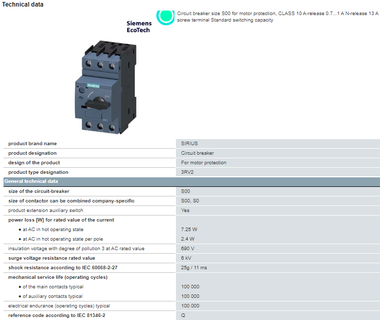 3RV2011-0JA10 Siemens SIMATIC Motor Protection Circuit Breaker 100% Original